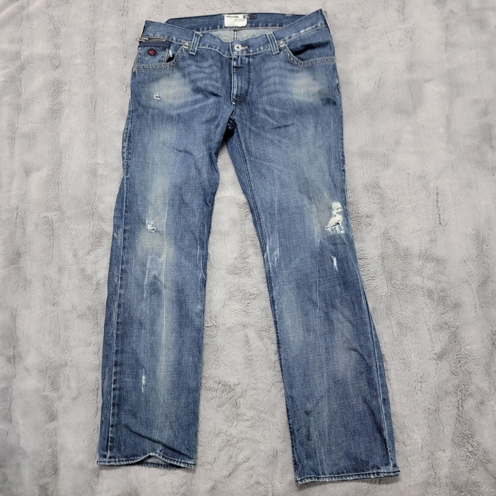 Energie Jeans Mens 38x34 (Fits 36x34) Blue Slim Morris Distressed Whisker Denim